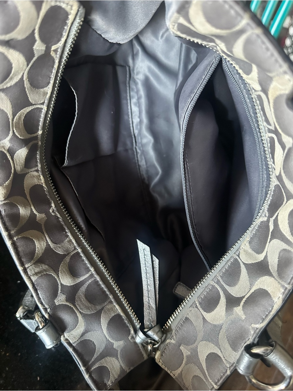 ✨AUTHENTIC✨ Coach Signature Monogram Satin Signature Shoulder Bag Gray/Silver - Picture 7 of 11